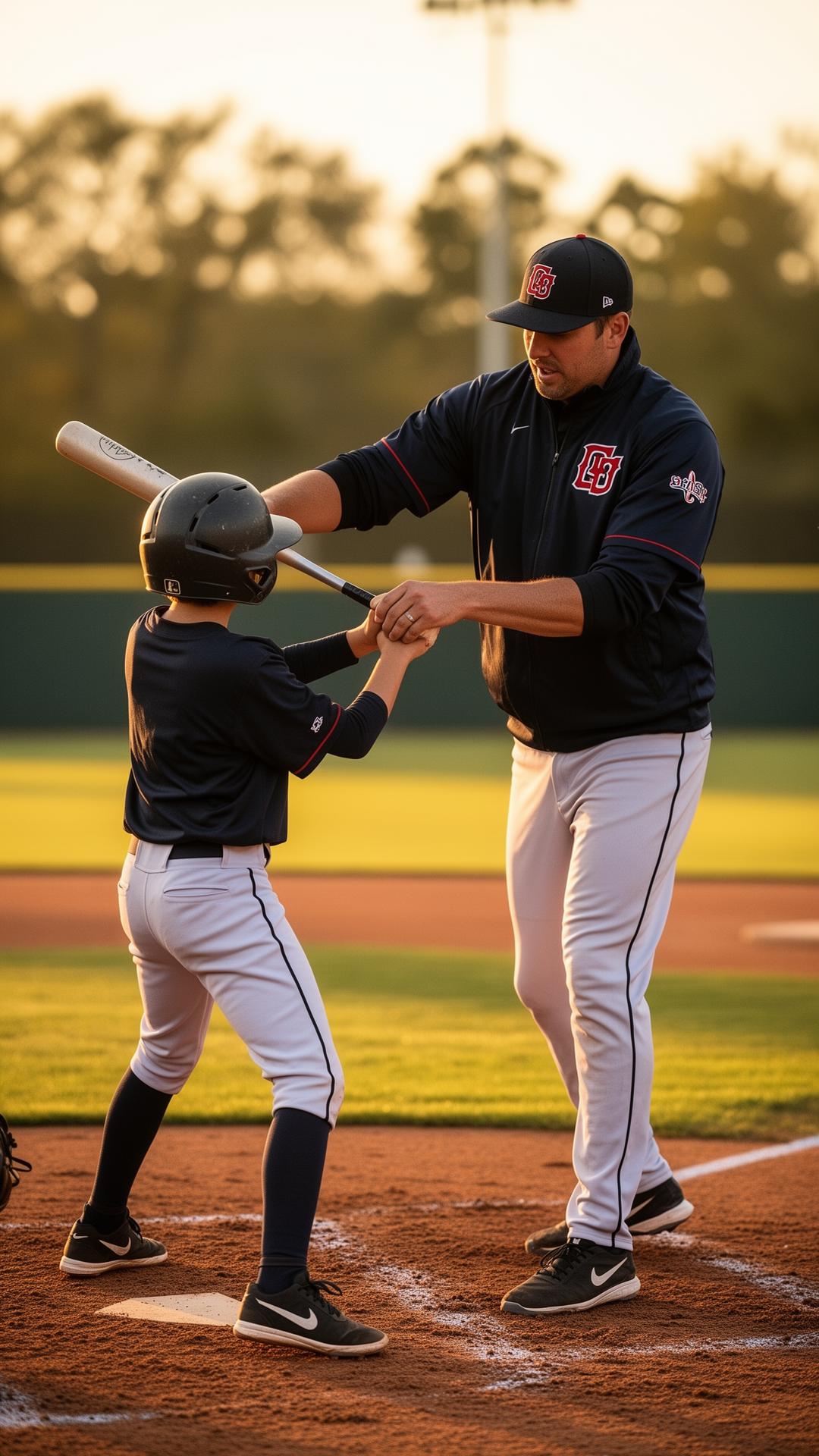 Brian Bertolozzi coaching a young baseball player on the field